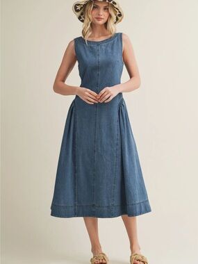 Washed Indigo Sleeveless Denim Midi Dress